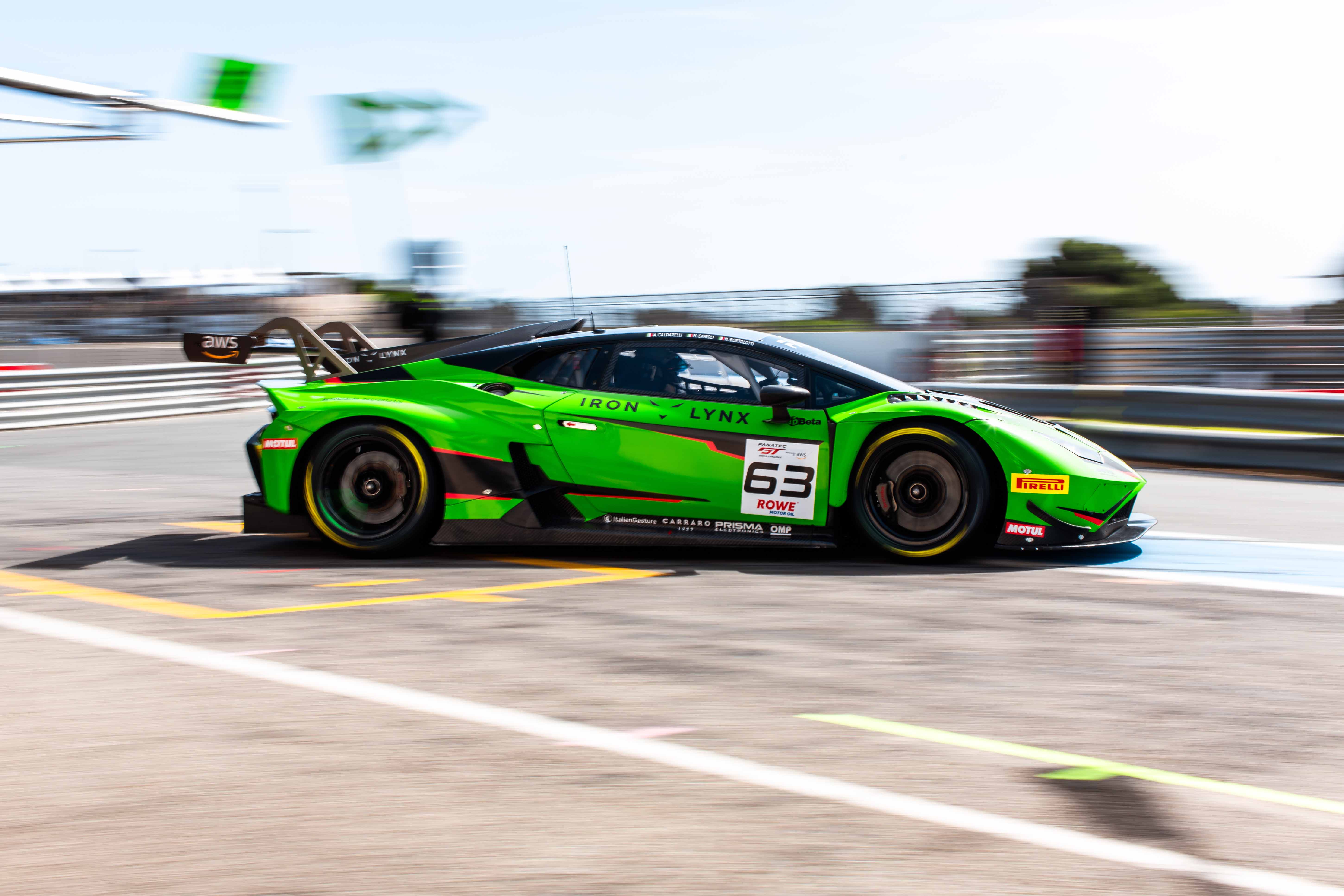 The #63 Iron Lynx GT World Challenge Lamborghini in the Paul Ricard pit lane